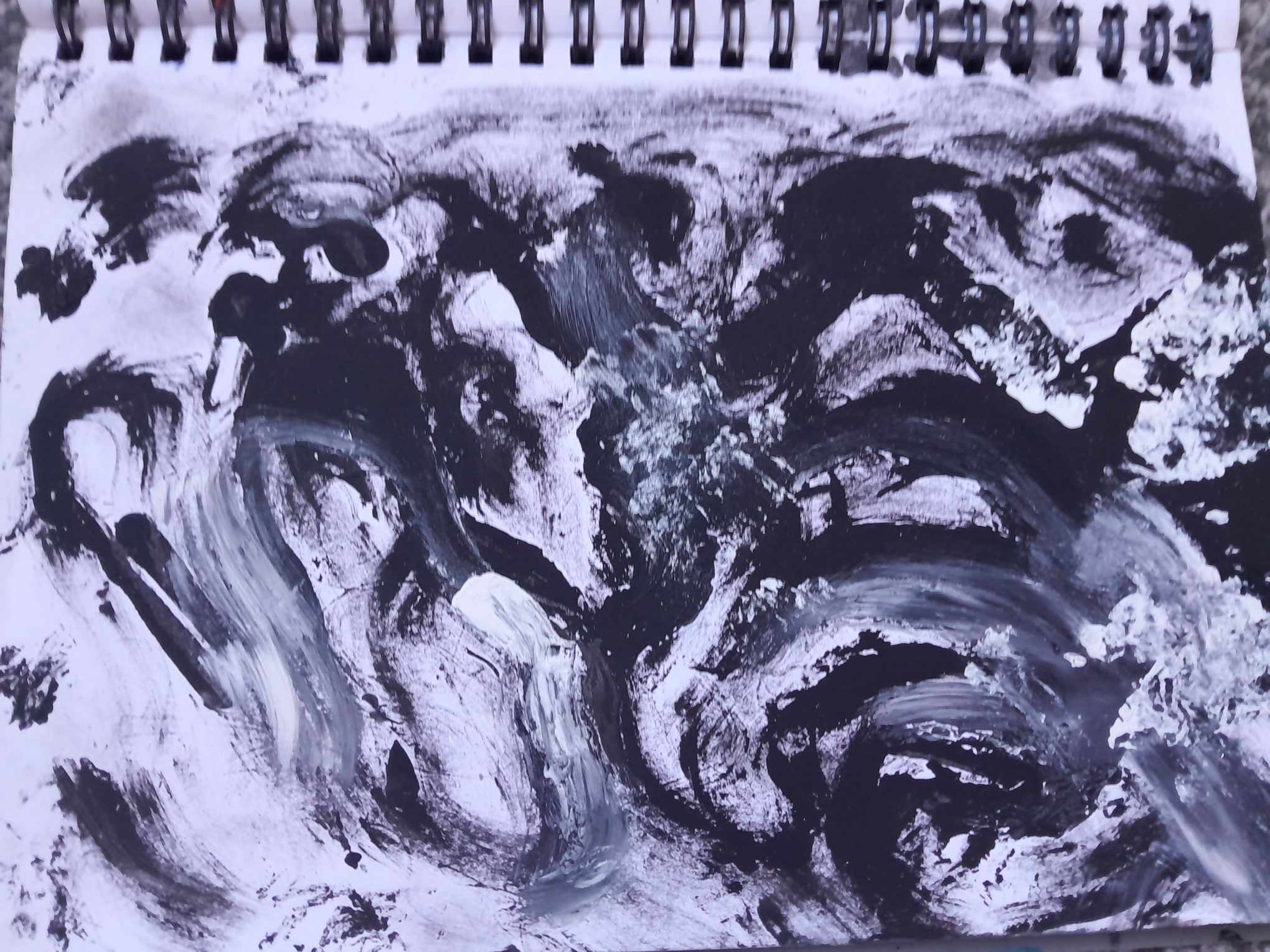 Sara did another quick acrylic art piece that was done in an impulse of how she felt in her Depression. There is an effect of roughness to the paint brushed on by her paint brush and fingers and made very chaotic to show this is how she feels on the inside put on paper. The whole piece is just a swirl of black and some white to finish.