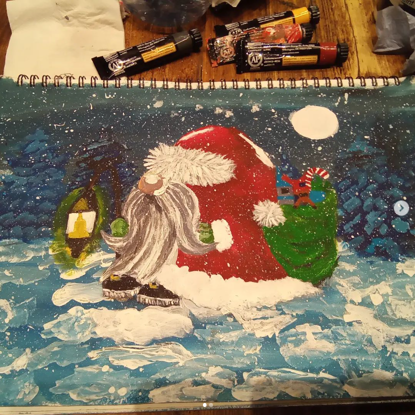  This Acrylic art piece was inspired by a Facebook called Jesse Robertson and Sara Jade did a follow-along to create Christmas-themed Santa Gnome in the snow in an acrylic Watercolour look finish. There are mixtures of light and dark blues with a lot of white.
    There is a full white moon with stars and there are blue and black painted trees and a snowy path along with a Gnome dressed as Santa with a red Santa suit and hat with a Sack with toys and candy cane inside whilst the gnome walks with a lantern. 