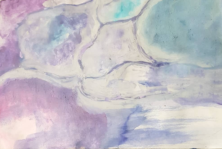 This acrylic watercolour painting was created by Sara Jade's mind called intuition which infuses light violet and blue creating light and dark areas 
    as well as ridged pentagon shapes forming sections that have a tiles pattern finished off with a hard brush-off look