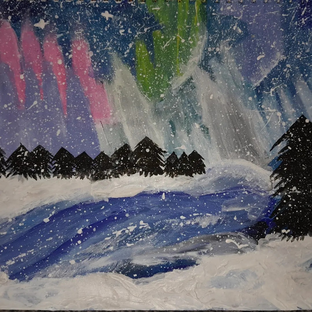 Another inspired piece done by Sara Jade on the themes of northern lights at Christmas time was done by another follow-along by Jesse Robertson. Another snowy scenery with similar light and dark blues as a gnome-inspired painting,
    numerous trees around the snowy hills along with violet, and white infused northern lights that also have white and grey with a few separate northern lights spread out that also have bright pink, and green to colour the art piece to finish.Along with the blizzard of snow to build the scene.