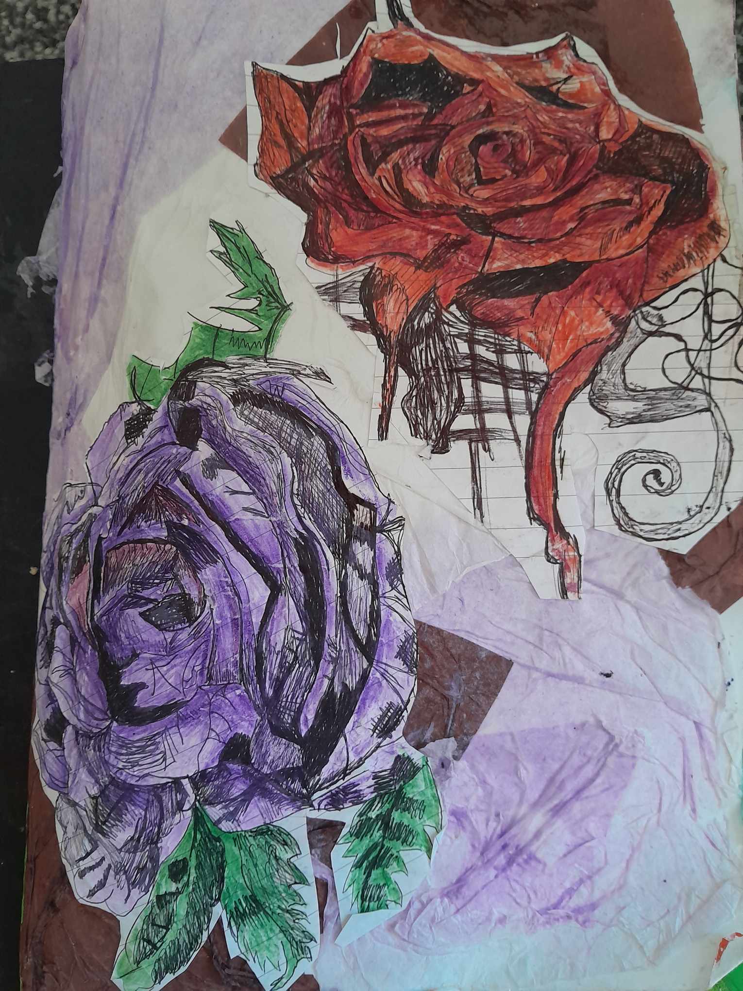  Sara created some sort of Roses's colleague. This consists of meshed purple and burgundy transparent paper glued on along with a penned style drawing of roses with a separate red rose and purple rose done a long time along decided to add into her art book and create a colleague and glued them all together.